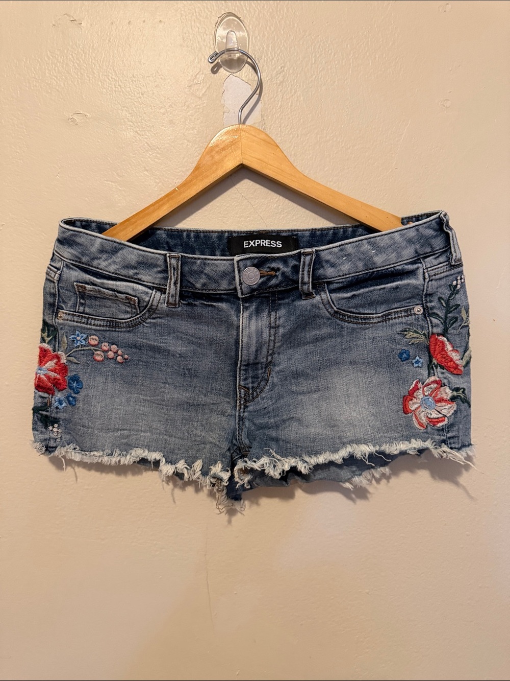 Express Light Blue Denim Shorts with Red & Pink Floral Embroidery